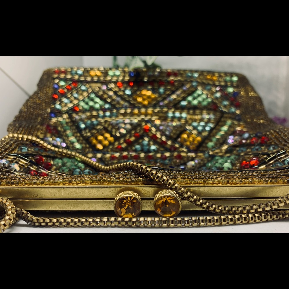 WALBORG vintage gold purse w/ rhinestones & beads - Picture 3 of 8